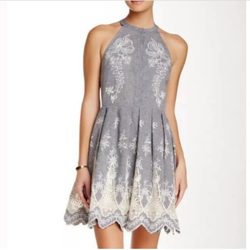 Cynthia Steffe Linen Blend Embroidered Dress Gray Size 10